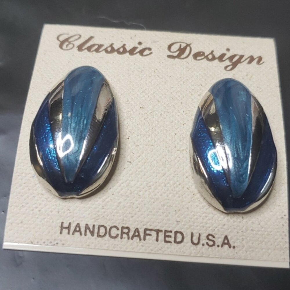 Classic Design Clip On Earrings, Blue Enamel Silver‎ Tone, Handcrafted U.S.A